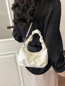 1pc Cream-Color Star Print Mini Shoulder Bag, Bow & Pearl Decor, Pleated Handle + Chain Strap, Zipper Closure, Sweet Style, Suitable For Women, For Date & Daily Use - White - View 2