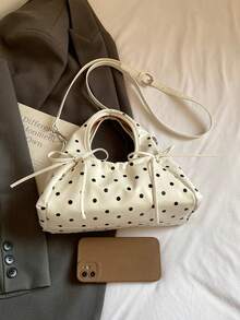 Dot Drawstring Tote Bag, Cute Knot Handle Soft PU Shoulder Bag, Multi-Pocket Crossbody Handbag For Y2K Daily Outfit Korean Style Polka Dot Hobo Bag, - Multicolor - View 10