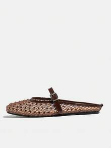 2026 New Plus Size Slip-On Slippers With Rhinestone Strap, Brown Square Toe Flat Casual Sandals, Lattice Mesh Breathable Slip-On Sandals For Women Summer - Brown - View 4