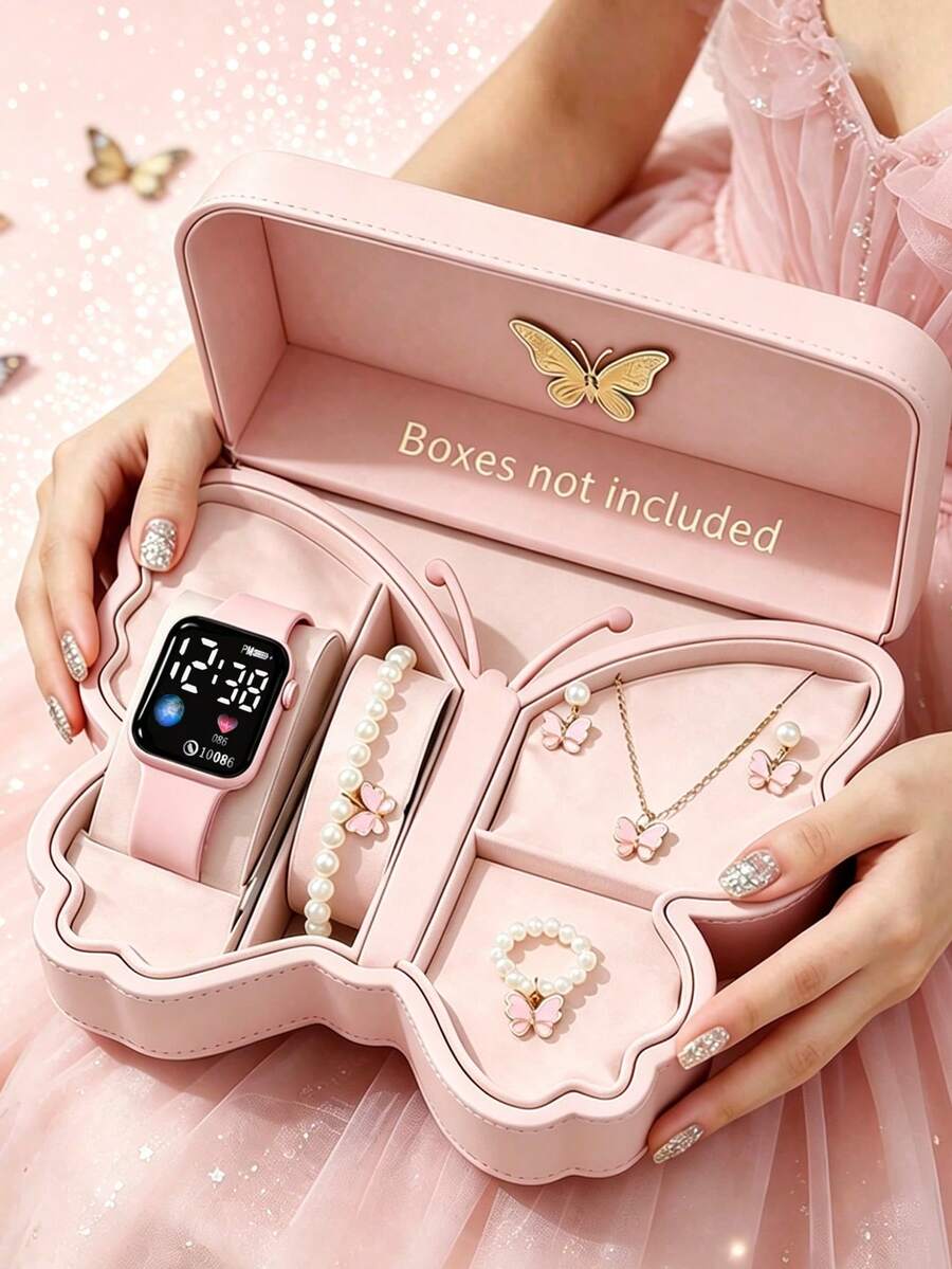 6/5 Reloj electrónico con pantalla LED con patrón de la Tierra, elegante y de moda, adecuado para que las niñas lo usen. Se puede combinar con un conjunto de joyería con forma de mariposa que incluye collar, pulsera, anillo y pendientes, adecuado para usar en fiestas, reuniones y viajes para consultar la hora, y también muy adecuado como regalo de cumpleaños, Navidad, inicio de clases, temporada de graduación, Día de San Valentín, Navidad, Día de la Madre para niñas. - Multicolor - Ver 1