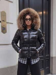 ZIAI Women's Casual Solid Shiny Winter Jacket, New Fashion Belted Slim Fit Thick Jacket, Women's Short Down Jacket With Faux Fur Collar, Fashionable Holiday Choice - Black - View 4