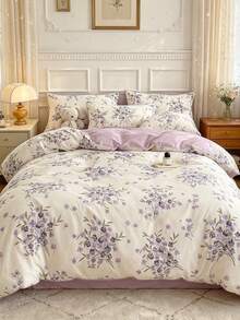4 Stücke Lavendel Muster lila & weiß Bettwäsche Set (1 Bettbezug, 2 Kissenbezüge, 1 Bettlaken), blumiges gemütliches Bettbezug Set, ohne Füllung, geeignet für Zuhause Schlafzimmer Dorm Dekoration, extra große Betttücher, Bettbezug, Kissenbezug, Bettwäsche Set für Einzel-/Doppelbett - Mauve - Übersicht 2