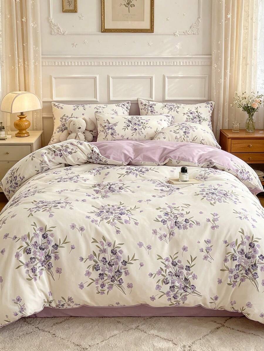 4 Stücke Lavendel Muster lila & weiß Bettwäsche Set (1 Bettbezug, 2 Kissenbezüge, 1 Bettlaken), blumiges gemütliches Bettbezug Set, ohne Füllung, geeignet für Zuhause Schlafzimmer Dorm Dekoration, extra große Betttücher, Bettbezug, Kissenbezug, Bettwäsche Set für Einzel-/Doppelbett