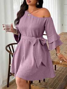 Weeklong Vestido casual de línea A con cuello asimétrico y mangas con volantes, de unicolor, talla grande - Púrpura polvoriento - Ver 1