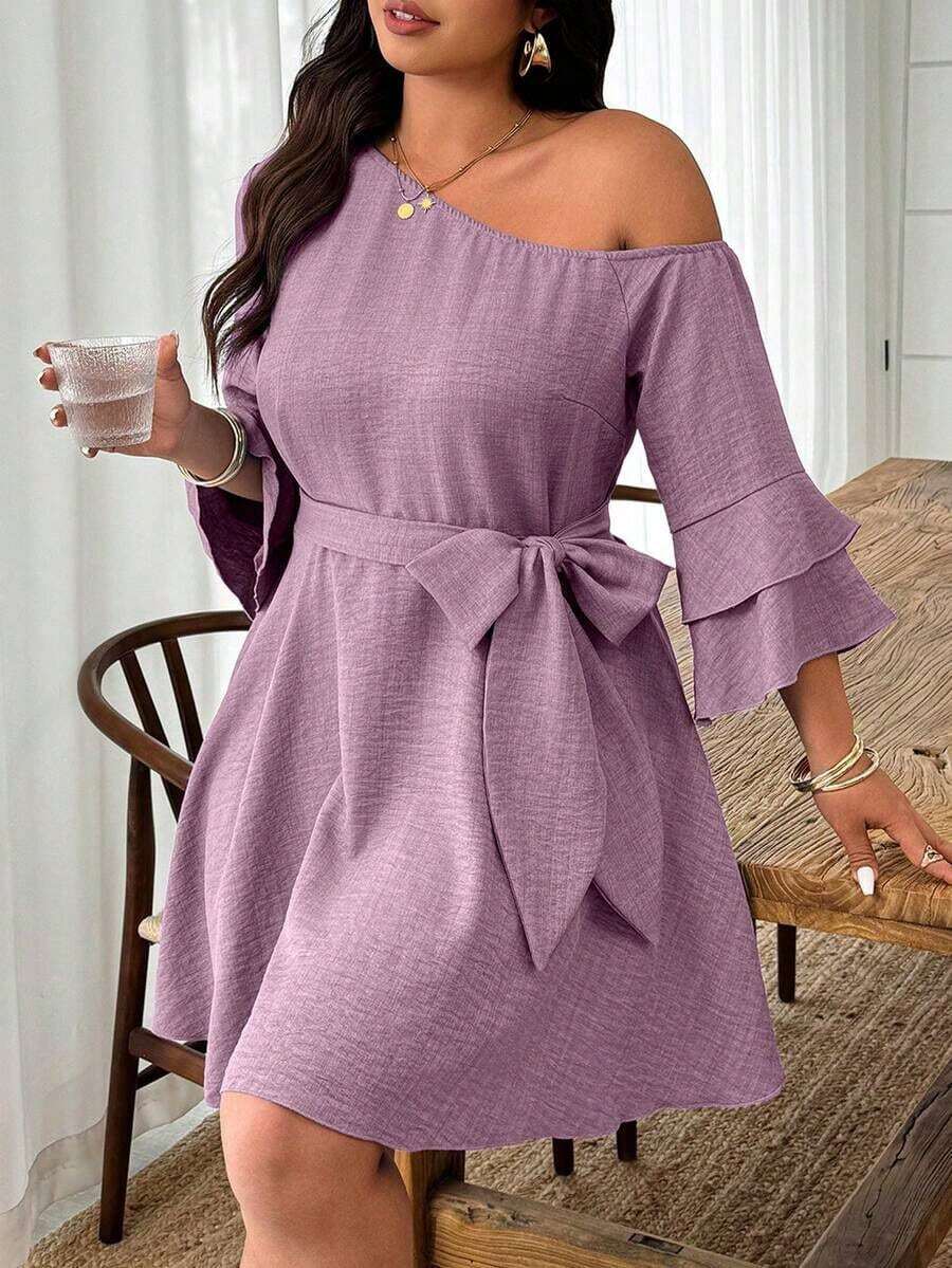 Weeklong Vestido casual de línea A con cuello asimétrico y mangas con volantes, de unicolor, talla grande - Púrpura polvoriento - Ver 1