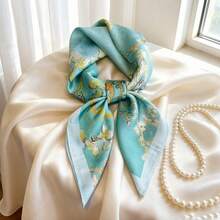 1 chiếc khăn vuông 90cm, khăn băng đô in hoa bằng satin dành cho nữ, khăn trùm đầu, khăn quàng cổ thời trang cho nữ, khăn choàng, khăn choàng cổ. - Màu xanh nhạt - Xem 1