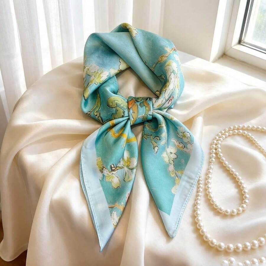 1 chiếc khăn vuông 90cm, khăn băng đô in hoa bằng satin dành cho nữ, khăn trùm đầu, khăn quàng cổ thời trang cho nữ, khăn choàng, khăn choàng cổ. - Màu xanh nhạt - Xem 1