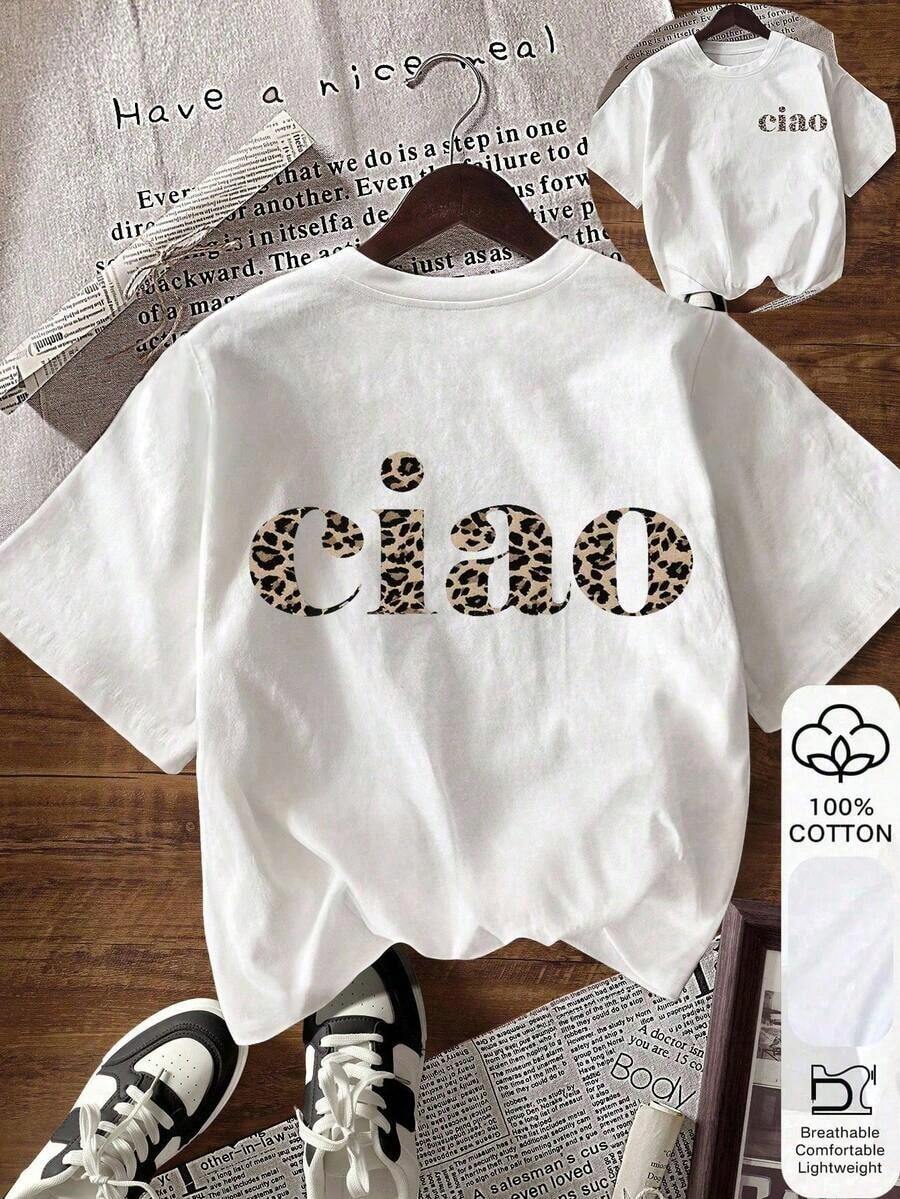 Women's Letter And Leopard Print Casual Round Neck Short Sleeve T-Shirt, Summer, Summer Tops - Weiss 2 - View 1