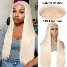 Peruca Sintética Frontal de Renda 13*4 com Densidade de 180%, 66 cm, Preta, Com Cabelo de Bebê, Sem Necessidade de Cola, Resistente ao Calor e Respirável, Material de Fibra Sintética, Linha de Cabelo Natural, Livre de Divisão, Adequada para Festa e Uso Diário - Preto - Visão 15