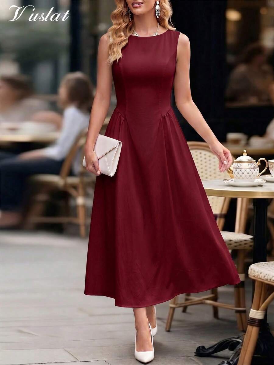 Vuslat New Fashionable Versatile Fitted A-Line Dress, Elegant Minimalist Sleeveless Dress Suitable For Vacation, Afternoon Tea, Office Commute, Daily Wear, Party