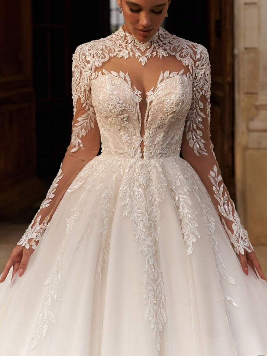 Majestic High Neck Lace Long Sleeve Corset Tulle Ballgown Wedding Dress With Train, Wedding Dresses For Bride, Elegant And Comfortable, Includes Plus Sizes, Bridal Gown, Formal Dresses For Women, Suitable For Wedding, Party, Vacation, Bride, Formal Occasions, Dinner Dress, Prom Dress, After-Party Dress, Homecoming Dress, Cocktail Party, Birthday Party, Celebration, Gala, Festival, Ceremony - 白色 - 查看 1