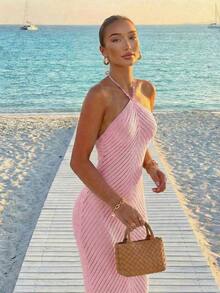 Vestido de tirantes con decoración de perlas falsas para mujer, vestido holgado con cordones azules, vestido lápiz de estilo bohemio.Adecuado para salidas a la playa, vacaciones casuales, festivales de música, fiestas en la playa y eventos de cóctel en verano - Rosa - Ver 10