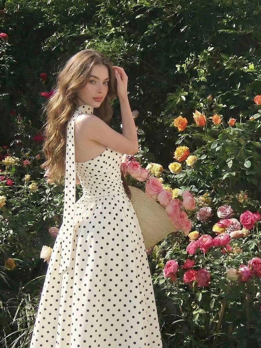 Vestido de verano de longitud media sin mangas con estampado de lunares elegante para mujer - Blanco y Negro - Ver 1