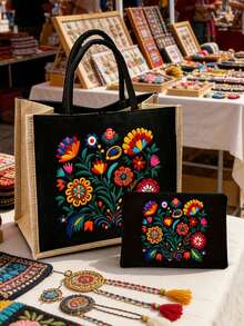 Bohemian Retro Floral Handbag Set, Women's Handbag And Wallet Set, Minimalist Decoration, Mexican Style Print Including Handbag And Coin Purse, Eastern European Art Style Large Capacity Women's Bag, Makeup Storage Bag, Simple Large Capacity Handbag, Portable Leisure Shopping Bag, Multifunctional Shopping Bag. School Campus And Travel Vacation Back To School Gift Small Gift Exchange, Nurses' Day, Teachers' Day, Graduation Season Gifts - Multicolor - View 3