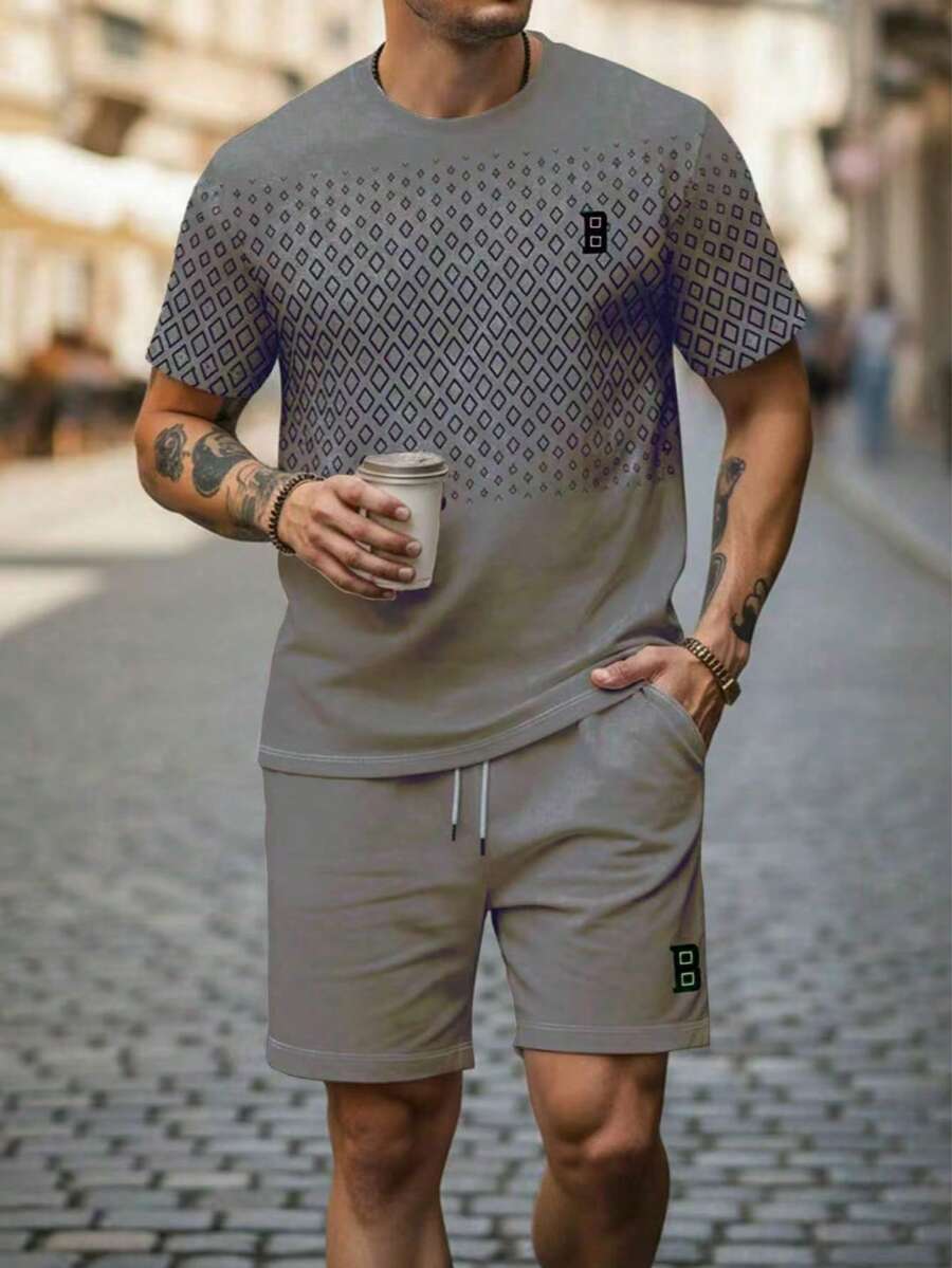 Men's Versatile Geometric Print Round Neck Short Sleeve T-Shirt And Drawstring Waist Pocket Shorts Set - Grey - View 1