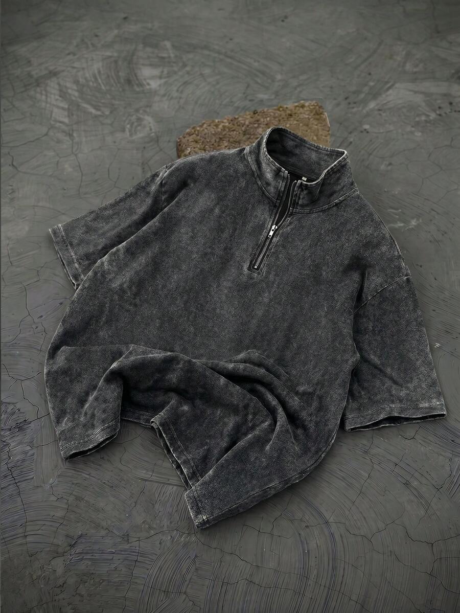 极简男士夏季水洗破洞拉链短袖T恤 - 黑色 - 查看 1