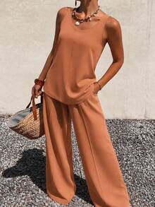 Women's Sleeveless Vest, High Waist Straight Wide Leg Trousers, Two Piece Set - Màu be - Xem 5