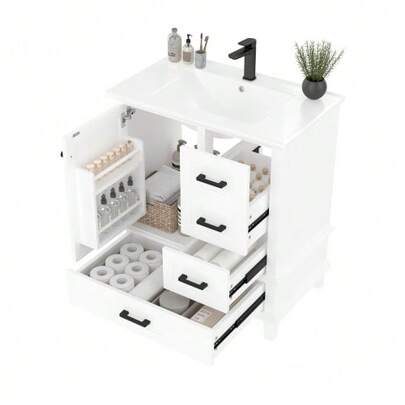 Bathroom Vanity Unit 76x46x83.5 Cm With Sink, Under-Sink Cabinet, Fully Lacquered Finish, Shelf On The Door, Three Silent Drawers, Integrated Ceramic Sink, White.