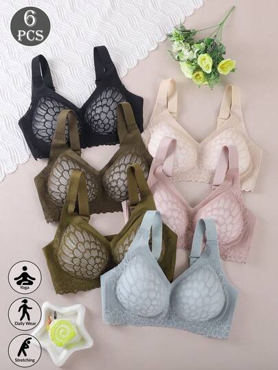 6件/套 加强型无钢圈文胸，高支撑聚拢文胸，优质罩杯带衬垫，理想的日常穿着套装！