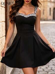 DONICY Robe noire mini pour femme, robe de soirée élégante avec encolure carrée, ligne A, bretelles spaghetti scintillantes - Noir - Voir 9