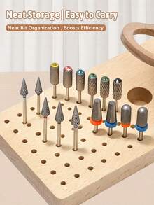 Grinding Bit Storage Box: A Portable Storage Solution For Grinding Pens And Nail Drill Bits, Featuring A Handle Design. This Multi-Slot Storage Box For Nail Polish Tips Offers A Fresh Approach To Desktop Organization With A Minimalist Style. The Wooden Tool Box Includes 49 Slots To Keep Your Drill Bits Neat And Organized. - Apricot - View 3