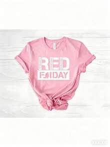 May 5th Day Casual T-Shirt 100% Cotton Women's Summer Top. On Fridays We Wear Red Shirts, We Wear Red To Remember Everyone's Deployment. American Flag American Veterans T-Shirt, American Flag T-Shirt 180g Breathable Cotton Tee, All Match - 粉色 - 查看 16