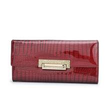 Small Purse Fashionable Patent Leather Crocodile Pattern Women's Genuine Leather Wallet, Long Multi-Functional Multi-Card Slot Clutch Bag QGQW - Màu Đỏ Sâu - Xem 2