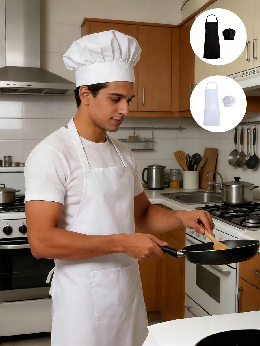 Bộ tạp dề và mũ đầu bếp gồm 1 chiếc, dành cho người lớn, có túi điều chỉnh được, kèm mũ đầu bếp kiểu thợ làm bánh, thích hợp làm quà tặng cho mẹ và bố (Trắng/Đen) - Nhiều màu - Xem 1