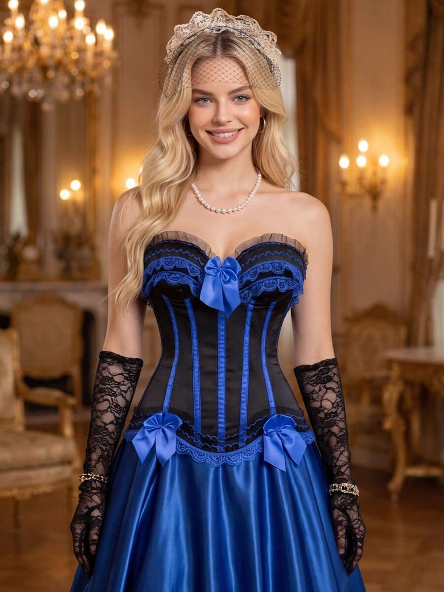 Corsets For Women Lace Trim Lingerie Tops Bow Lace Up Corsets Bustier Lingerie Bodyshaper Top - Dark blue - View 1