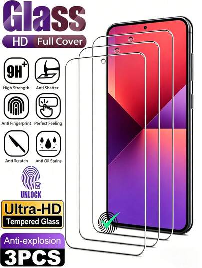 Bộ 3 miếng dán kính cường lực Ultra HD phủ toàn màn hình, tương thích với 15T 14T Poco X7 X6 X5 M6 M5 Pro/ Note 13 12 14 4G 5G 14C 13C, độ cứng 9H, chống nổ, chống trầy xước, lớp phủ chống dầu mịn, tự động bám dính, không bọt khí, dễ dàng lắp đặt, hỗ trợ nhận diện vân tay. [Phiên bản quốc tế, không phải phiên bản nội địa]