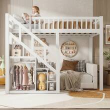 Caluself 140 X 200 Cm, Bunk Bed, Double Bed With Star-Patterned Mesh, Made Of Solid Wood, With Safety Ladder And Storage Space, With Slatted Base, White, Without Mattress - White - View 5