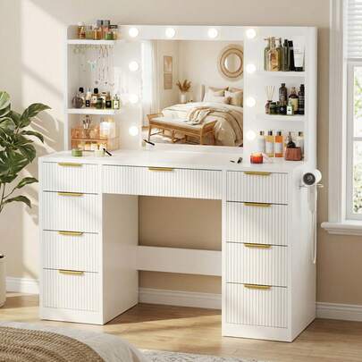 Devoko Vanity Table With LED-Illuminated Mirror And Power Outlet, Black/White, 9 Drawers, 6 Shelves, 8 Jewelry Hooks, 2 Power Outlets, USB & Type-C Port, 3 Color Modes And Adjustable Brightness, Hairdryer Holder, Approx. 108 X 40 X 137 Cm