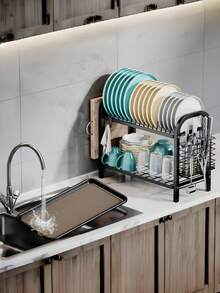 Escurridor de platos de metal negro resistente a la oxidación de 2 niveles, con gran capacidad, soporte para cubiertos, ganchos para tazas y bandeja de goteo extraíble, escurridor de platos ahorra espacio de fácil instalación para encimera o fregadero - Multicolor - Ver 9