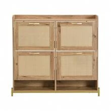 Elegant Wooden Shoe Cabinet With Rattan Doors: 4 Doors, Metal Frame And Top Shelf For Stylish And Organized Storage. - Khaki - View 7