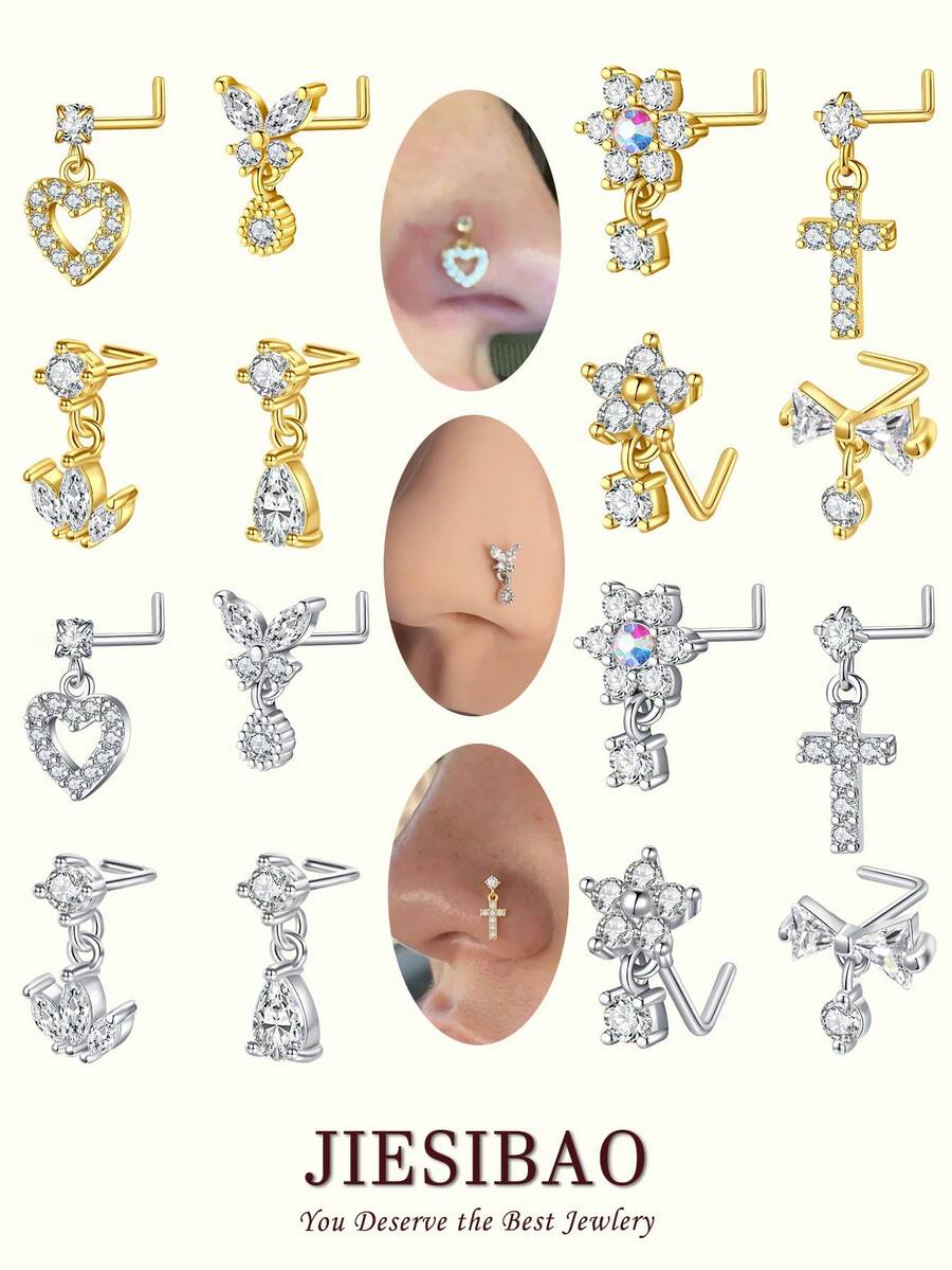 JIESIBAO 20G Dangle Nose Rings L Shaped Nose Stud Stainless Steel Butterfly Flower Heart Moon Dangle Nose Stud Ring Body Piercing Jewelry For Women Men For Daily Holiday Beach Vacation Gift Glamorous Music Festival Seaside Halloween Christmas Mother's Day Valentine's Day Coachella Summer Vacation - Multicolor - View 1