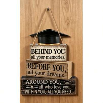 Graduation Season Wooden Hanging Plaque, 3-Layer Stacked Graduation Cap Design, Inspirational Quotes, Black, Gold, Pink