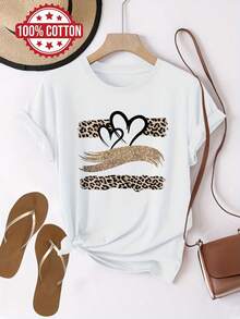 Short-Sleeved T-Shirt With Round Neck And Leopard Print Hearts Design - 白色 - 查看 1