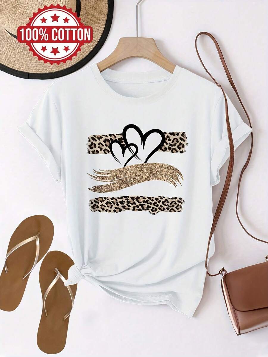 Short-Sleeved T-Shirt With Round Neck And Leopard Print Hearts Design - 白色 - 查看 1