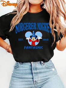 Disney Women's T-Shirt Short-Sleeve Vintage Fantasia Sorcerer Mickey Double-Sided Print Round Neck Summer T-Shirt, Suitable For Spring, Summer, And Autumn, Disney Trip, Fashionable Casual Versatile Vintage Style Top For Daily Commuting - 黑色 - 查看 2