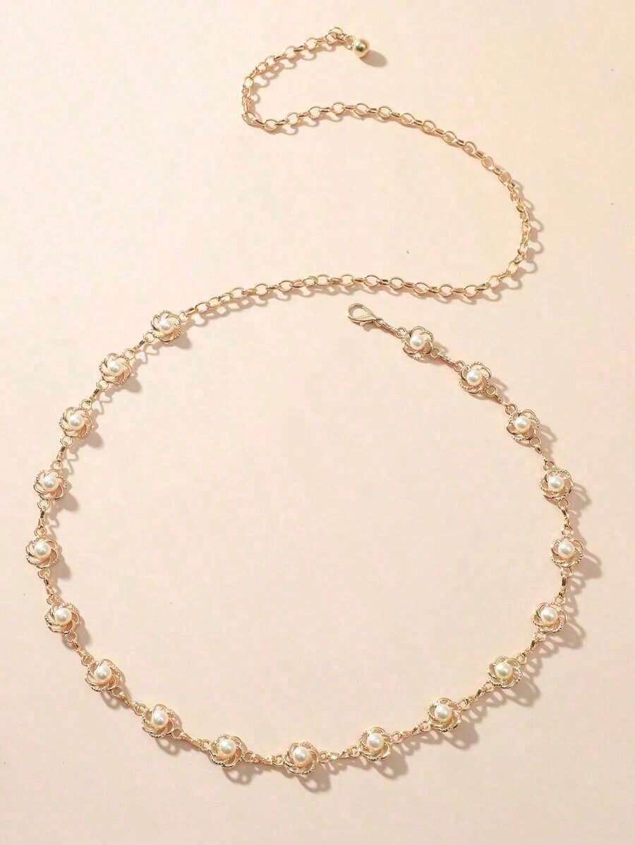 1pc Fashion Elegant Floral Faux Pearl Decor Waist Chain For Women Summer School Fall, Autumn, Halloween - 優雅 - 查看 1