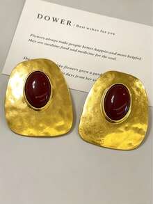 1 Pair Exaggerated Vintage Gold Geometric Asymmetrical Inlaid Artificial Gemstone Earrings, High-End Jewelry Design Earrings For Women, Suitable For Outings, Fashionable Parties, And Daily Wear - Multicolor - View 2