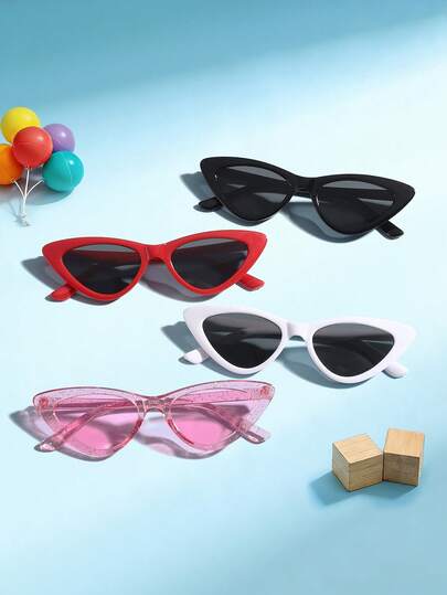 Bộ 4 chiếc kính mắt mèo thời trang ngộ nghĩnh dành cho bé trai và bé gái 4-8 tuổi, gọng polycarbonate màu trơn, tròng kính màu xám hồng, nhẹ, thích hợp cho các hoạt động ngoài trời, tiệc tùng. Có hộp đựng kính.
