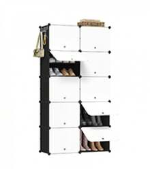 Schuhregal mit6/ 10 Fächern, Schuhaufbewahrung für 40 Paar Schuhe, Schuhschrank für Flur Wohnzimmer Schlafzimmer, Schuhorganizer mit Türen, aus modularen PP-Platten, Weiß + Schwarz - Schwarz - Übersicht 2
