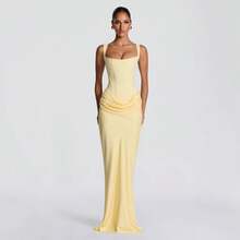 Women's Solid Color Sexy Bodycon Dress, Sleeveless Square Neck Ruched Maxi Gown, Elegant Formal Evening Party Dress - Màu vàng - Xem 5
