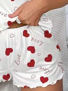Conjunto de ropa de estar en casa para vacaciones con top sin mangas de tirantes finos con estampado de corazones de San Valentín & pantalón corto con volantes y cintura elástica - Blanco - Ver 5