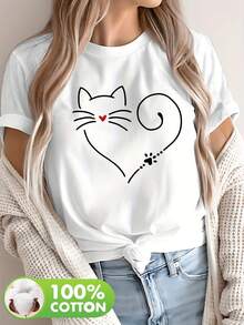 -Women's Short-Sleeved Shirt, 100% Pure Cotton, 180g, Cute Cat Print, Perfect For Holidays, Festivals And Graduation Ceremonies, New Spring Style - NC-13272 - Black - View 6