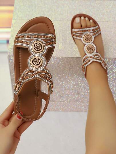 Women's Brown Bottom Retro Beaded Crystal Decorated Open Toe Flat Sandals, Elastic Back Strap Sandals, Bohemian Style Summer Beach Holiday Casual Shoes