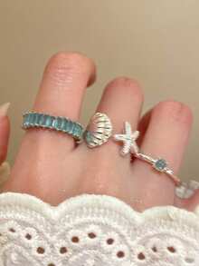 3 piezas/Set Anillos abiertos de moda con decoración de concha & estrella de mar, adecuados para el uso diario de las mujeres - Plateado - Ver 3