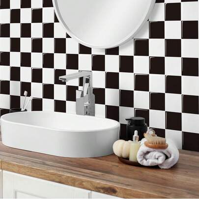 10 pièces Autocollants muraux 3D en cristal avec motif à carreaux noir et blanc rétro classique. Motif à carreaux dégradé d'amande et blanc, style nordique guérissant en douceur 3D en cristal. Fait de PVC, facile à installer et à décoller, imperméable, résistant à l'huile, anti-salissures, amovible et facile à nettoyer. Convient pour la salle de bain, la cuisine, la buanderie, le bar, le camping-car, la rénovation de la décoration de la maison. Taille : 30 x 30 cm