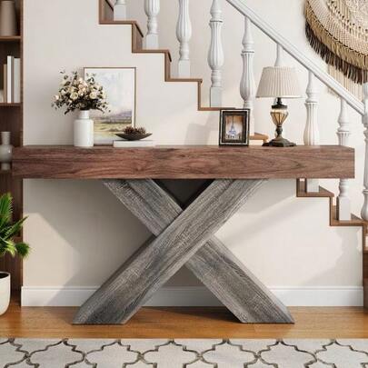 Narrow Side Table With X-Shaped Legs, Wood Grain Finish, Particle Board Material, Suitable For Hallway And Living Room, Can Be Used As A Side Table
